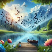 Image of musical notes set against beautiful scenery to illustrate post