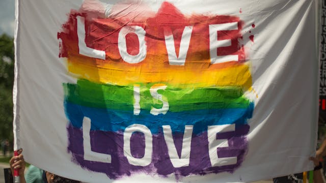 Image of a pride flag painted on a sheet with the words "Love is Love" superimposed on it