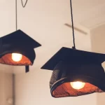 Image of graduation caps being used as lightshades to illustrate post