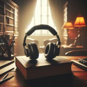 Image of a pair of headphones standing on a book on a desk opposite a window where light is coming in, used to illustrate post