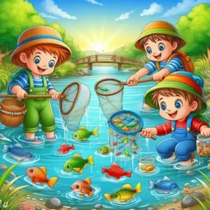 AI image of little children fishing with nets in a stream, used to illustrate post