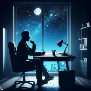 AI Image of person in deep thought in front of window lit by the moon, used to illustrate post