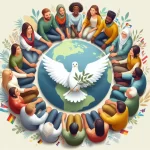 AI image of a diverse group of people around a globe table with a peace dove on it, used to illustrate post