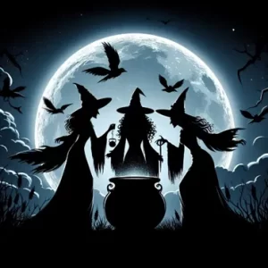 AI image of 3 witches around a cauldron, used to illustrate post