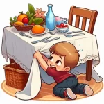 AI image of child about to tug a tablecloth on a table full of items, used to illustrate post