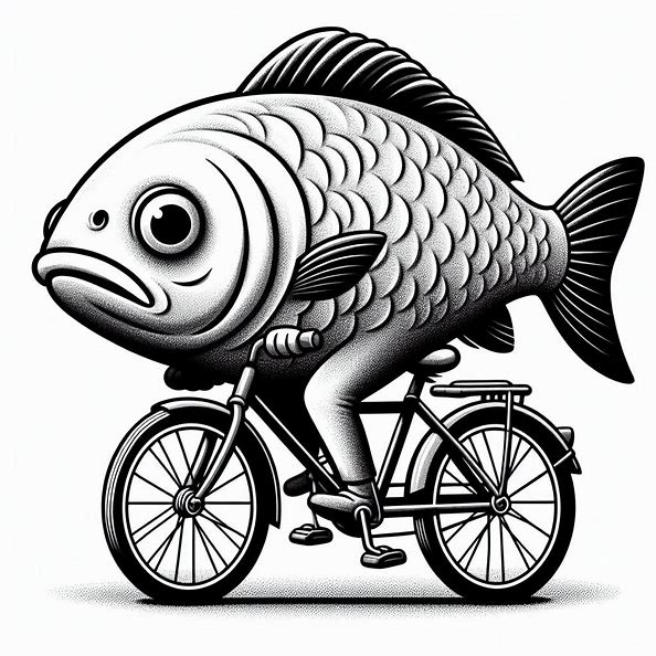 Cartoon, black-and-white image of a fish riding a bicycle, used to illustrate post