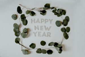 Image of a circle of leaves with the text of 'Happy New Year' in the centre, used to illustrate post