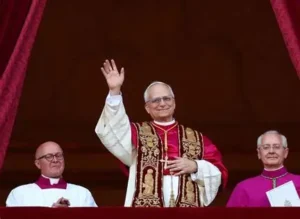 Pope Leo XIV on the Vatican balcony during his first minutes as pope on 8 May 2025
