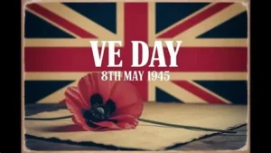 An image of the UK Union flag, with a poppy in the foreground, and the text : VE Day 1945, used to illustrate post