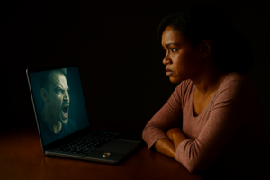 A black woman looking at a laptop screen with an angry white man on it. On the laptop, there is a wedding ring.