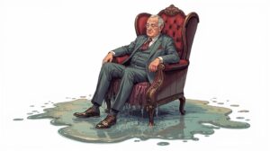 Image of an older man, seemingly melting, with a gelatinous puddle at his feet, used to illustrate text