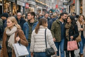 Image of busy shopping street with people walking in opposite directions, used to illustrate post